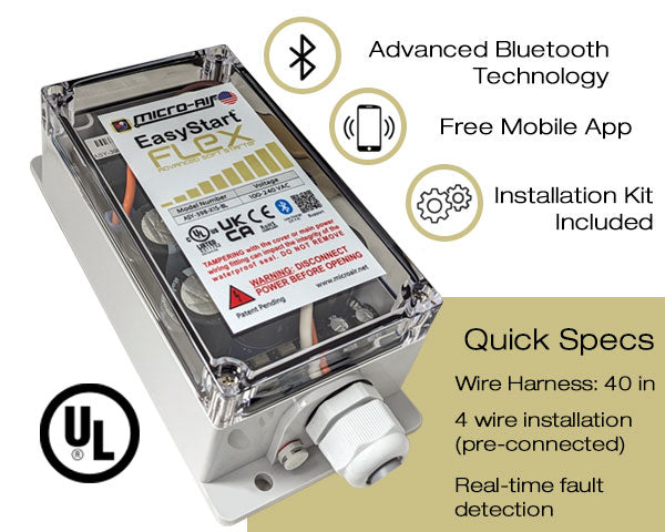 Micro-Air EasyStart Flex soft starter module with weatherproof enclosure, wire harness, and UL certification label